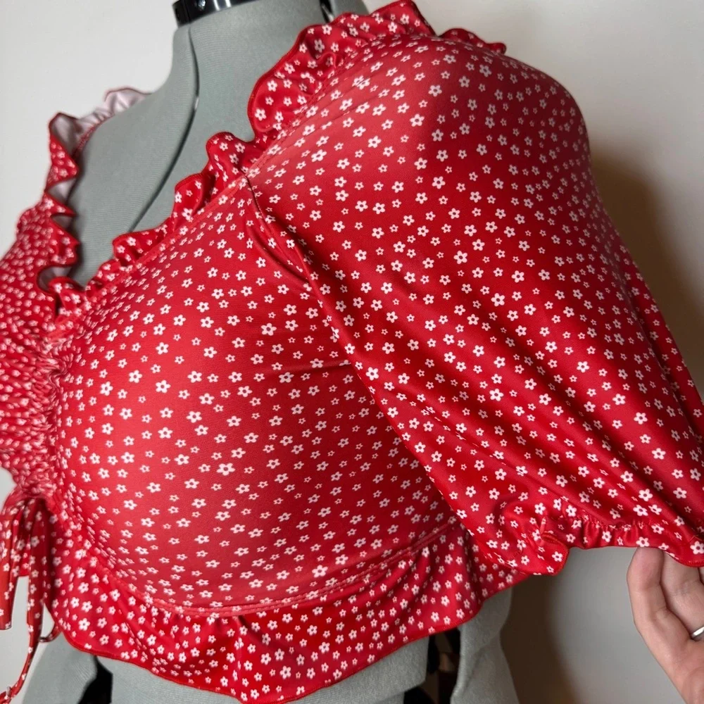 Red Floral Off-Shoulder Swim Top